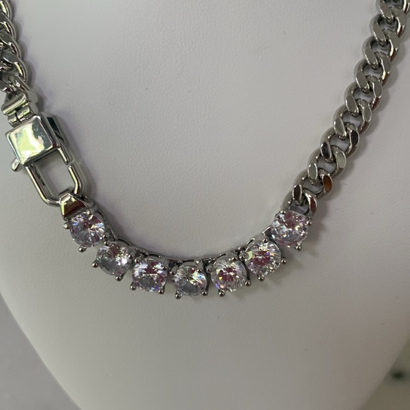 NEW 17” Necklace Silver Plated Cuban Chain Bling Iced Out  Faux Diamonds #28 - Picture 2 of 4